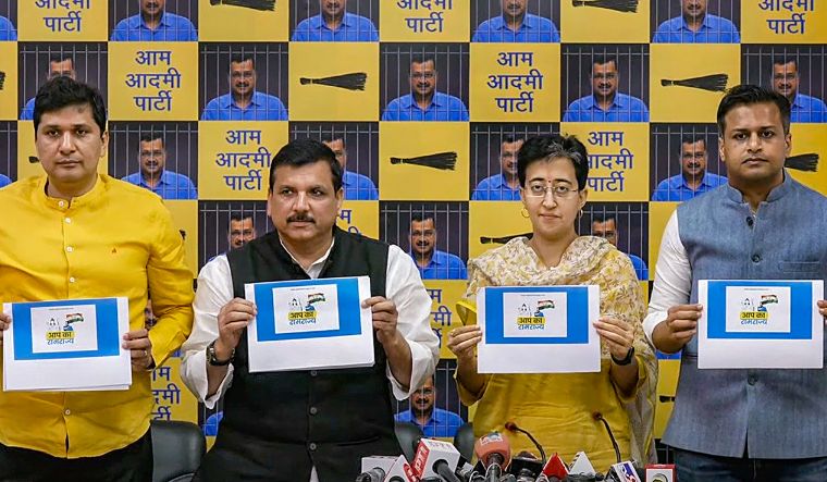 AAP leaders Sanjay Singh, Saurabh Bharadwaj, Atishi Singh and Jasmine Shah launch a website for the party's campaign ahead of Lok Sabha elections in New Delhi